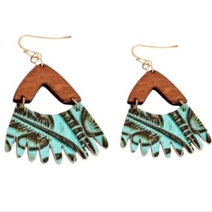 Teal western wood & tooled earrings